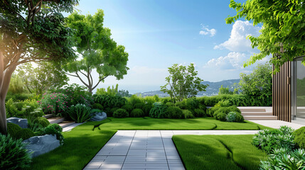 A tranquil urban Modern minimalistic garden featuring lush plants and a wooden deck , mockup 3d render exterior 