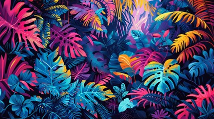 Vibrant Tropical Jungle: Illuminated Paradise in Neon Hues and Electric Animation