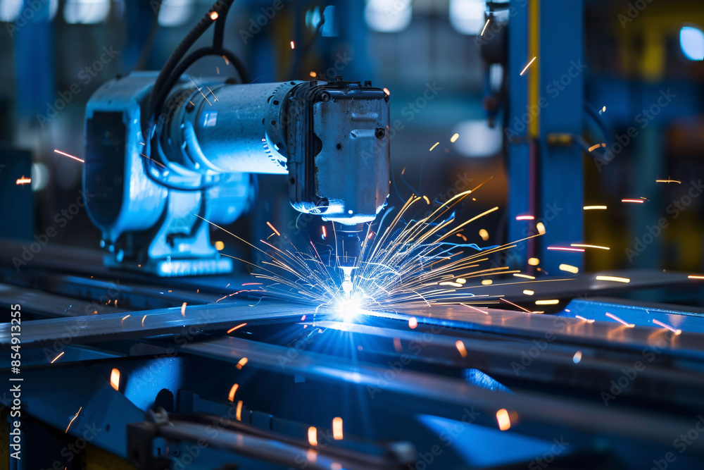 Aufkleber industrial robot working on factory assembly line, 3d rendering of smart industrial robotic arm for 