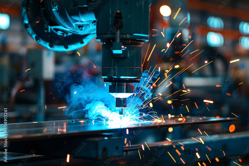 Poster industrial robot working on factory assembly line, 3d rendering of smart industrial robotic arm for 