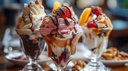 A sundaes ice cream assortment on dessert glassware topped with fresh fruits, nuts and caramels or chocolates