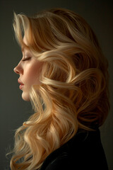 Fototapeta premium Woman with wavy blonde hair in profile view, highlighting natural beauty and elegance