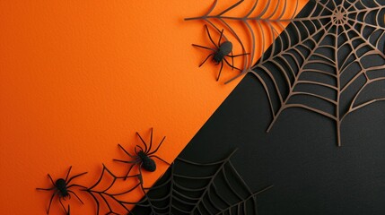 Halloween themed orange and black paper background with spiderwebs