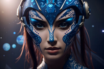 Beautiful alien queen with big army attacking enemy planet, Fantasy concept , Illustration non existing character, Generative AI