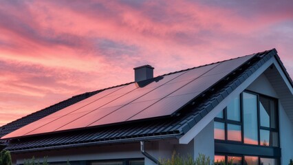Contemporary House with Solar Panels Against Pink Sky
