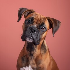 Obraz premium Boxer dog on minimalistic colorful background with Copy Space. Perfect for banners, veterinary ads, pet food promotions, and minimalist designs.