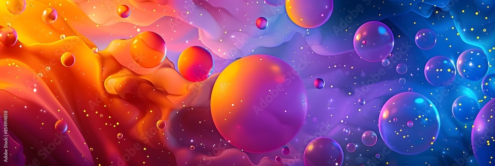 Poster Mesmerizing Multicolored Spheres in a Cosmic Dreamscape of Radiant Fluidity and Visual Enchantment
