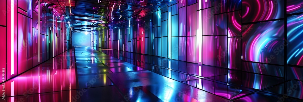 Aufkleber Mesmerizing Neon Lit Futuristic Corridor Bathed in Vibrant Lights and Reflections Creating a Surreal and Captivating Spatial Experience