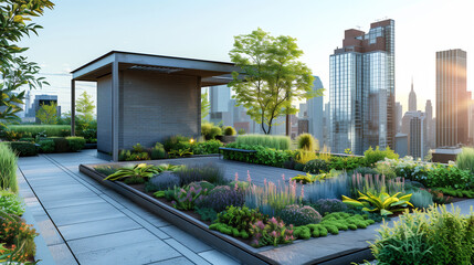 A tranquil urban Modern minimalistic garden featuring lush plants and a wooden deck , mockup 3d render exterior 