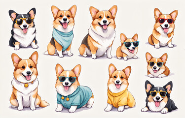 Four grid comics, Corgi dog or Border collie or German Shepherd Dog wearing different outfits, such as Sunglasses or bells, The illustration style is cute with soft colors and simple shapes. Each  one
