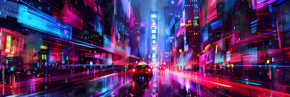 Poster neon drenched metropolis pulsing with electric energy and chromatic vibrancy creating a captivating 
