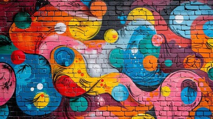 Obraz premium Dynamic urban graffiti on a brick wall, showcasing vibrant colors and bold designs in an edgy city setting