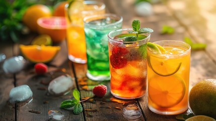 Fototapeta premium Summer concept with assortment of refreshing lemonade and juice drinks and fresh fruits served on the wooden table