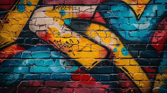 Dynamic urban graffiti on a brick wall, showcasing vibrant colors and bold designs in an edgy city setting