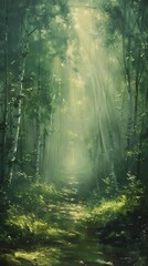 Fototapeta premium Ethereal mist enveloping a serene forest, with soft light filtering through the trees