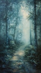 Fototapeta premium Ethereal mist enveloping a serene forest, with soft light filtering through the trees