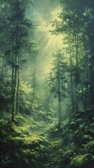 Obraz premium Ethereal mist enveloping a serene forest, with soft light filtering through the trees