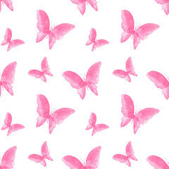 Pink butterflies, seamless pattern on a white background. Watercolor illustration summer design, insects with wings, for fabric, textiles, wallpaper, prints, scrap paper, Valentine's day.