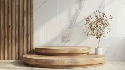 Fototapeta premium Minimalist wooden podium with dried flower arrangement and marble wall