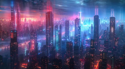 Futuristic skyline with sleek, towering skyscrapers and advanced architectural designs, illuminated by neon lights
