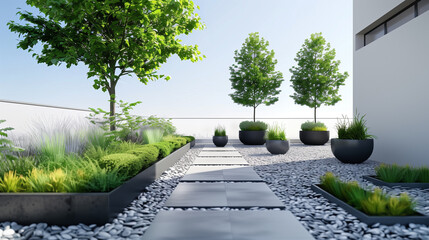 A tranquil urban Modern minimalistic garden featuring lush plants and a wooden deck , mockup 3d render exterior 