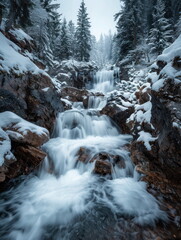 Obraz premium beautiful waterfall with big tree, Snap by slow speed shutter, snow season
