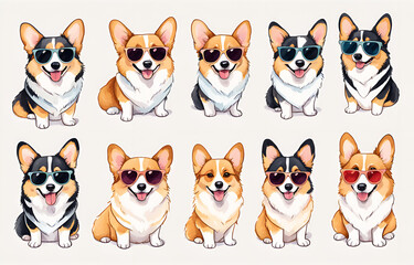 Four grid comics, Corgi dog or Border collie or German Shepherd Dog wearing different outfits, such as Sunglasses or bells, The illustration style is cute with soft colors and simple shapes. Each  one