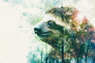 Playful sloth portrait in watercolor, focus on, copy space, rich hues, double exposure silhouette with rainforest scenery.