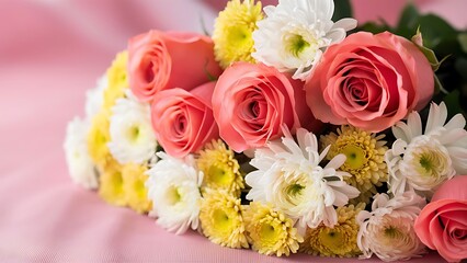 Obraz premium Composition of coral roses and white and yellow chrysanthemums on pink background