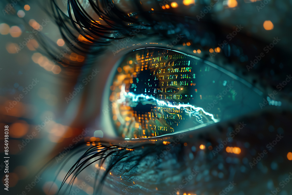 Wall mural Close-up of a digital human eye with data and code reflected, symbolizing advanced technology and cyber intelligence