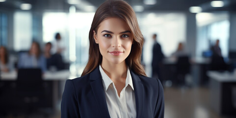 Fototapeta premium Young Corporate Female Office Worker With Corporate Look in Office Background, Corporate Women, Generative AI. 