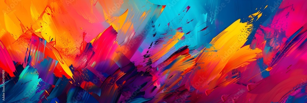 Poster vibrant abstract acrylic painting with energetic brushstrokes and splashes of multicolored paint cre
