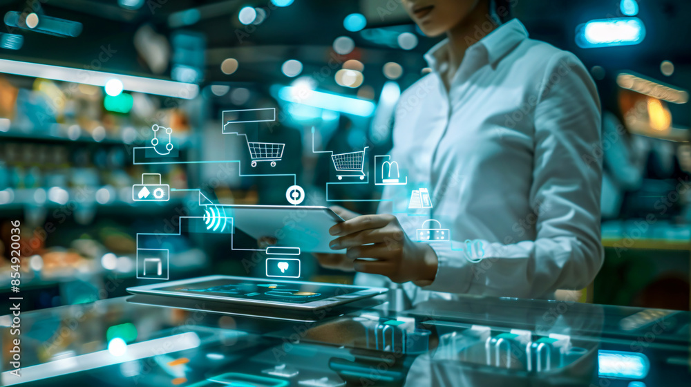 Poster digital shopper using a tablet, surrounded by virtual hologram icons indicating online payments and 