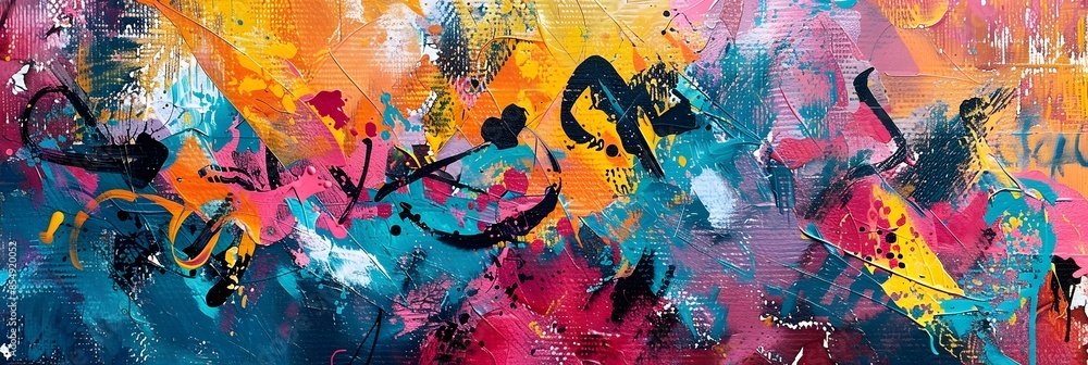 Poster vibrant abstract art composition with energetic brushstrokes and splashes of color