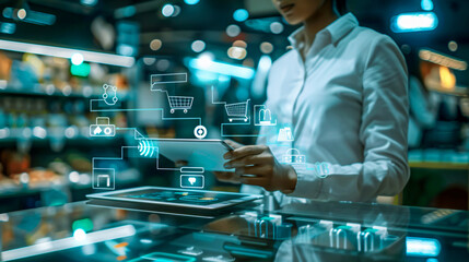 Digital shopper using a tablet, surrounded by virtual hologram icons indicating online payments and customer network connections.