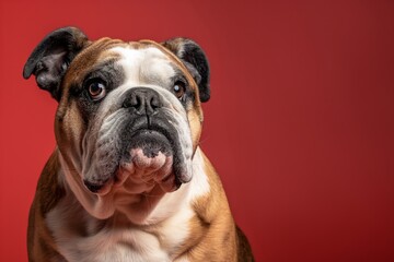 Obraz premium Bullmastiff dog on minimalistic colorful background with Copy Space. Perfect for banners, veterinary ads, pet food promotions, and minimalist designs.