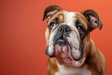 Obraz premium Bullmastiff dog on minimalistic colorful background with Copy Space. Perfect for banners, veterinary ads, pet food promotions, and minimalist designs.