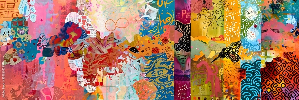 Poster vibrant abstract artwork with layered textures and captivating colors
