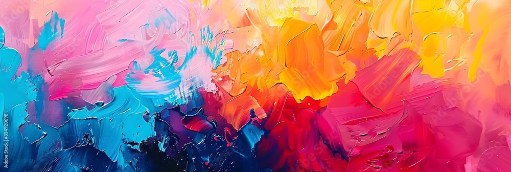Poster vibrant abstract composition with expressive fluid brush strokes and vivid color palette