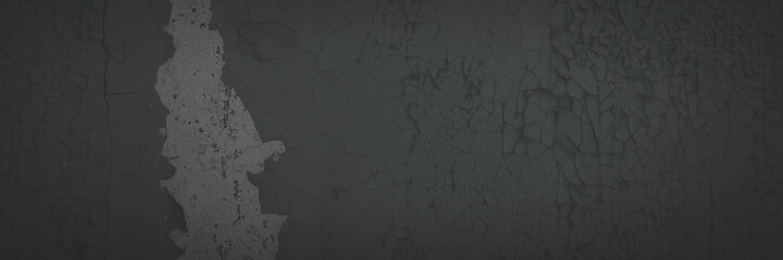 Dark wide panoramic background. Peeling paint on a concrete wall. Faded dark texture of old cracked...