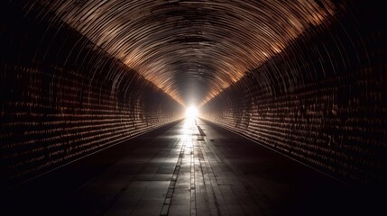 An atmospheric black and white photograph of a tunnel with a bright light at the end, symbolizing hope and new beginnings. Perfect for themes of journey, transition, and enlightenment