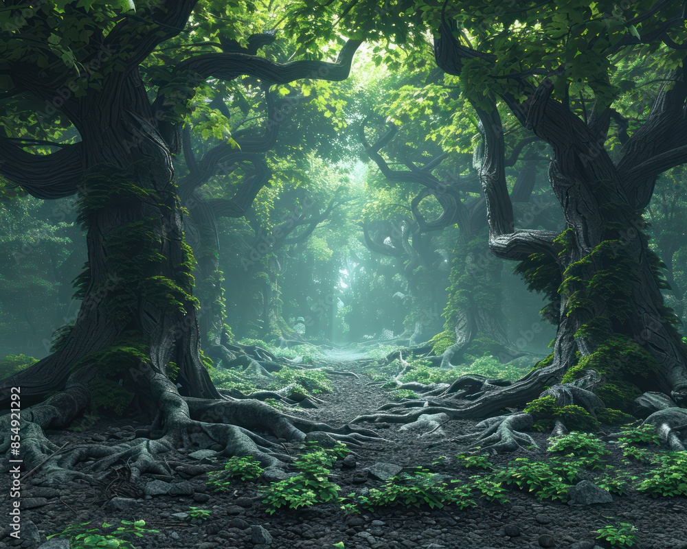 Poster mystical forest path surrounded by ancient trees and dappled sunlight creating an enchanting atmosph
