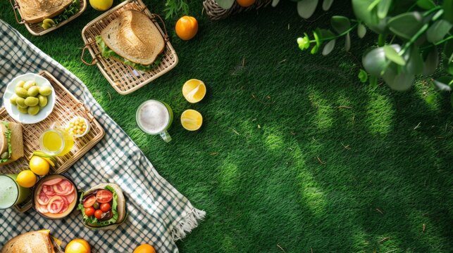 Flat lay of a picnic setup with sandwiches ,fruit