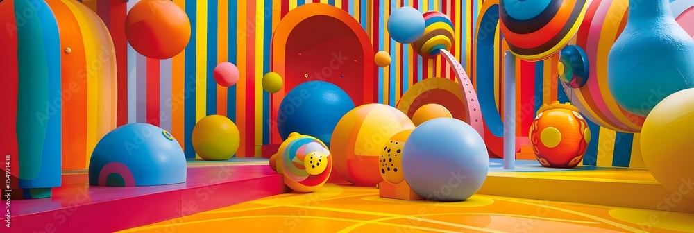 Poster vibrant abstract geometric composition with colorful spheres and shapes