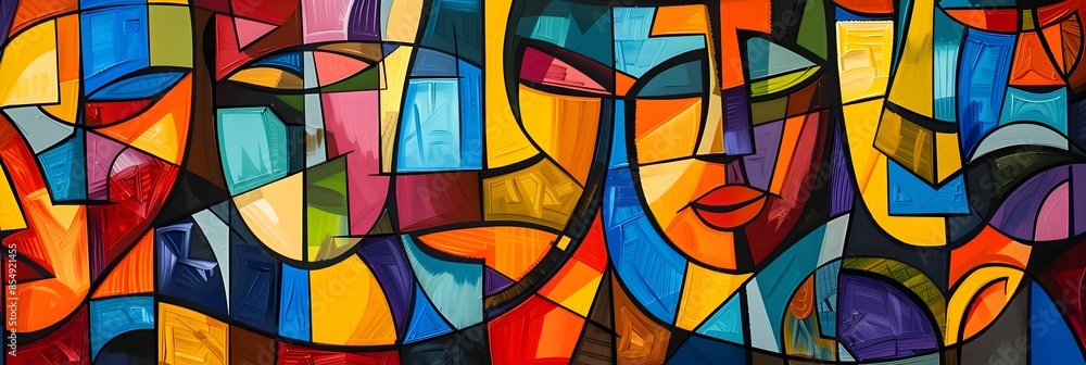 Poster vibrant abstract geometric composition with intersecting shapes and patterns