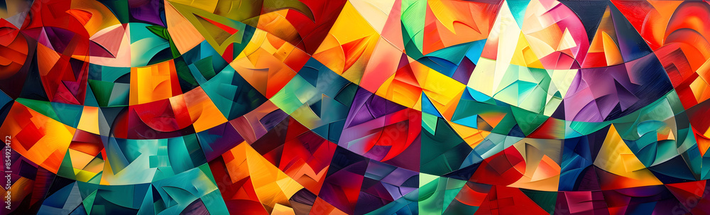 Poster Vibrant Abstract Geometric Pattern of Interlocking Colorful Shapes and Fractal Designs