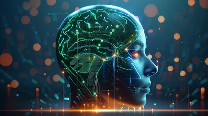 A digital depiction of a human face integrated with futuristic AI and technological elements, glowing orange eyes.