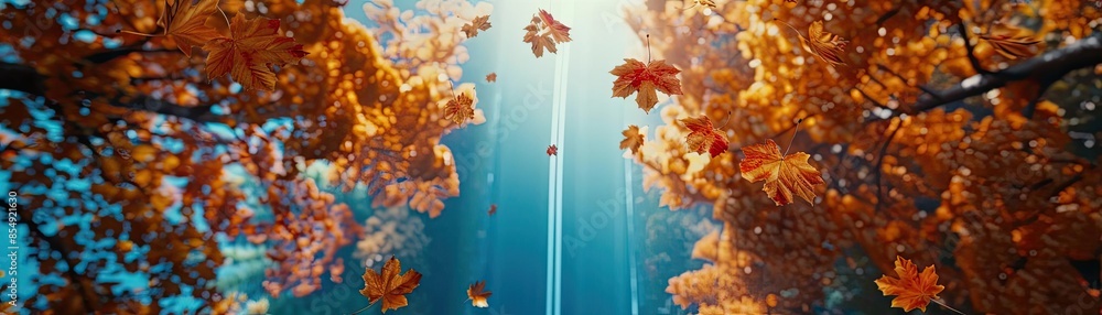 Poster sunlight filters through autumn leaves, creating a warm, golden glow in a serene forest scene with f