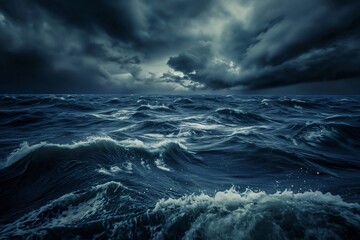 The dramatic and turbulent stormy ocean with dark clouds and moody seascape creating a brooding atmosphere of nature's fury and tempestuous waves