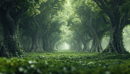 Fototapeta premium Serene Enchanted Forest Path with Lush Green Foliage and Sunlight Filtering Through Tall Trees Creating a Magical and Mystical Atmosphere for Nature Lovers and Photography Enthusiasts